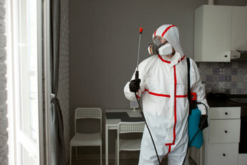 Disinfection worker in protective equipment against the background of the apartment, disinfection...
