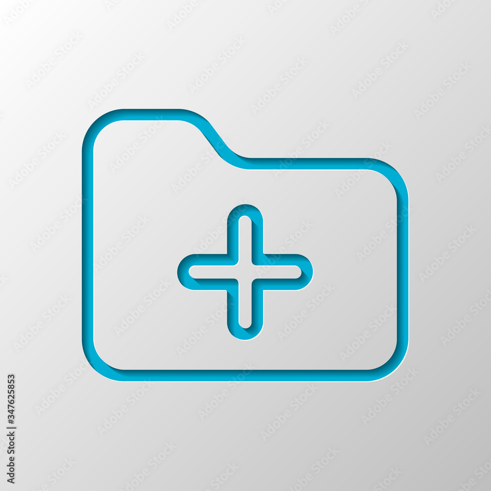 Poster folder with plus mark, outline linear business icon. paper design. cutted symbol with shadow