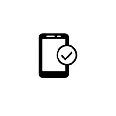 Phone confirmation icon in black flat on white background, Mobile phone icon with check sign
