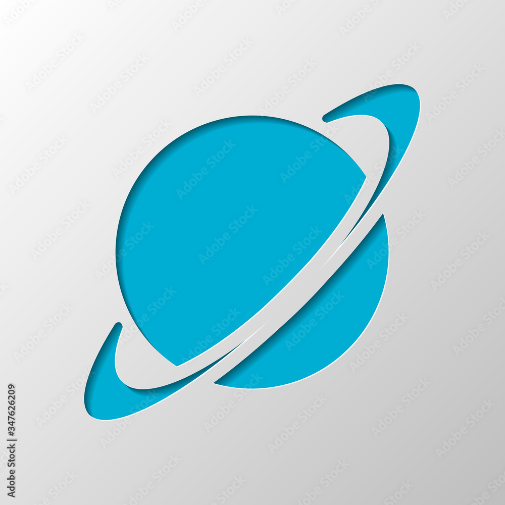 Poster planet with line of orbit, astronomy icon. paper design. cutted symbol with shadow