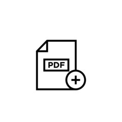 PDF document icon, pdf extension, file format icon with add sign in lineart style on white background, PDF document icon and new, plus, positive symbol. Vector