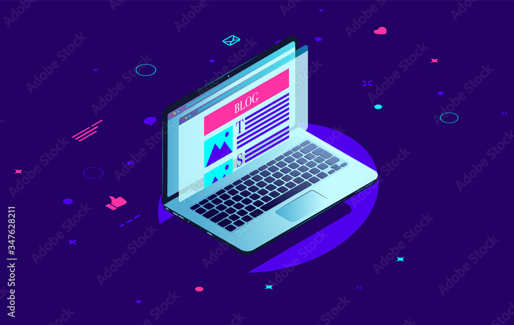 Poster blogging laptop - computer with blog on screen in isometric view with brith colours. blogger, influe