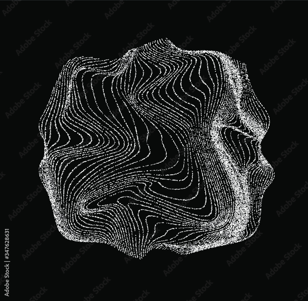 Poster Circle with glitched texture and wavy lines made of particles. Abstract geometric shape for technology and science illustration.