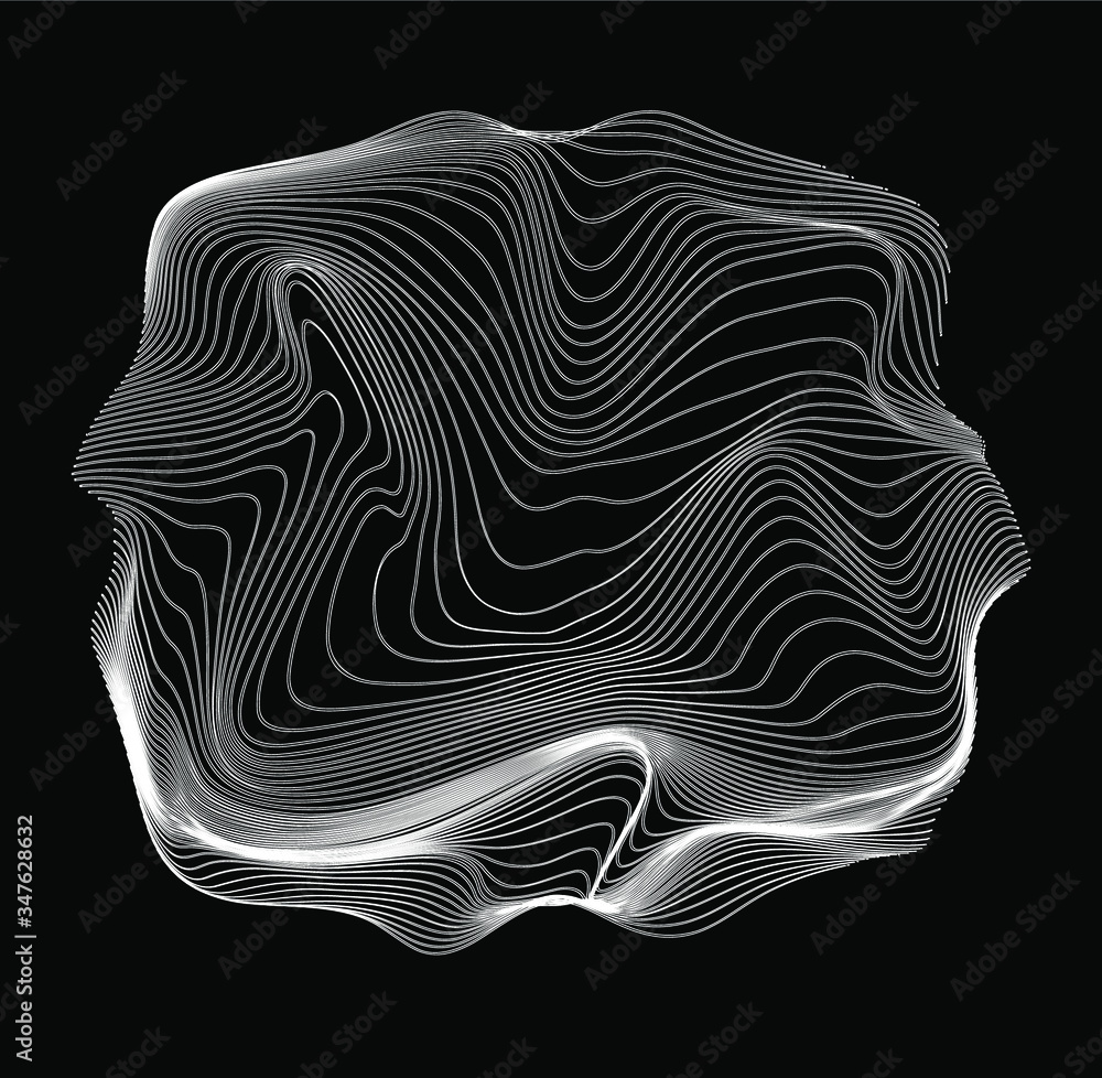 Poster Glitched and twisted sphere with wavy texture. Abstract technology and science background.