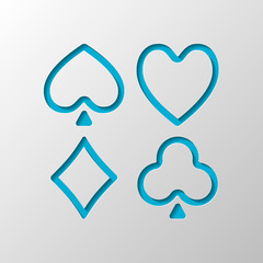 Playing cards. Hearts, spades, diamonds, clubs. Linear style. Paper design. Cutted symbol with shadow