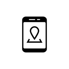 Smartphone with location pin icon in black flat design on white background, Mobile phone GPS navigation symbol, logo illustration, Editable stroke