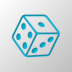 Dice cube, casino game. Paper design. Cutted symbol with shadow