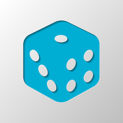 Dice cube, casino game. Paper design. Cutted symbol with shadow