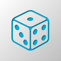 Dice cube, casino game. Paper design. Cutted symbol with shadow