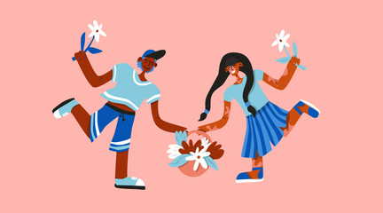 Happy couple running to each other. Girl with skin problem vititligo. Concept for word vititligo day. Colorful flat illustration