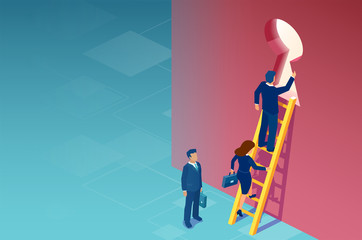 WebVector of businessmen and businesswoman climbing up a ladder to escape through a door keyhole. © pathdoc