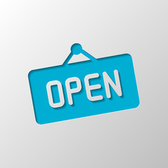 Open tag or label for shop. Paper design. Cutted symbol with shadow