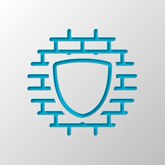 Shield and wall, building protection, outline design. Paper design. Cutted symbol with shadow