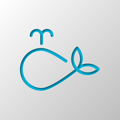Simple whale logo, outline design. Paper design. Cutted symbol with shadow