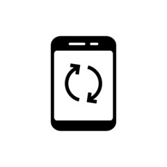 Smartphone update icon in black flat design on white background, Telephone upgrade screen sign for mobile concept and web design, Mobile phone refresh arrows outline vector icon, Symbol, logo illustra