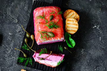 Salmon and beetroot terrine.style vintage