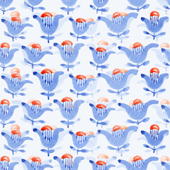 Watercolor hand painted naive art flower design with blue and orange lilies. Seamless aquarelle pattern with bloom on white background for paper, baby room, kitchen, cafe, gift wrap or kid textile.