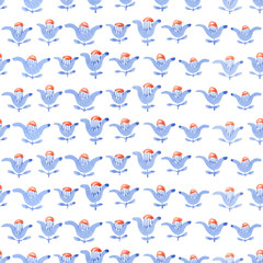 Watercolor hand painted naive art flower design with blue and orange lilies. Seamless aquarelle pattern with bloom on white background for paper, baby room, kitchen, cafe, gift wrap or kid textile.