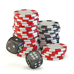 Gambling chips and two black dices 3D