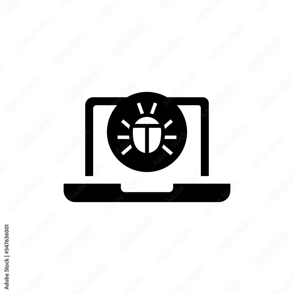 Poster malware on laptop display icon in black flat on white background, virus computer bug icon, software 