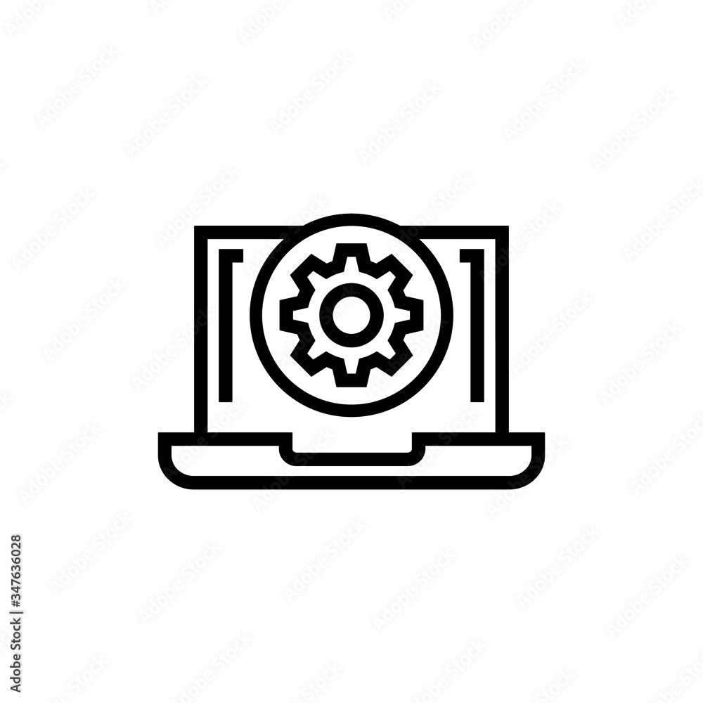 Poster laptop icon with settings sign icon in outline style on white background, notebook icon and customiz