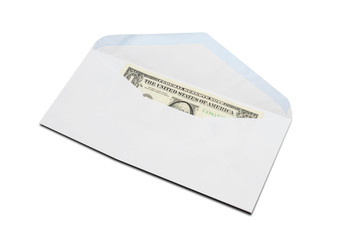 US One-Dollar bill in white envelope isolated on white background.