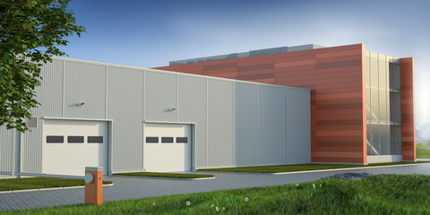 Fototapeta na wymiar Modern industrial building - warehouse and office, 3D illustration
