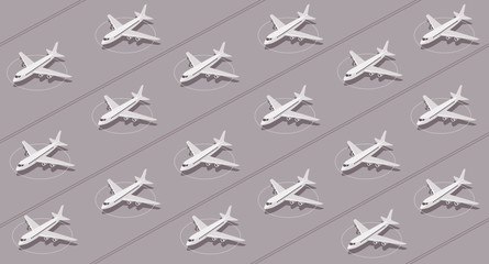 Planes grounded by coronavirus pandemic sit idle at airport. Flat vector pattern