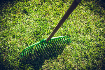 Raking grass with rakes. The concept of caring for the garden, the beauty of the garden. Allotment...
