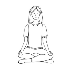 A young girl is engaged in Hatha yoga. Lotus position. Relaxation.Gymnastics, healthy lifestyle. Doodle style. Black and white vector illustration. Hand drawn, isolated on a white background