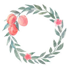 Wreath of watercolor peaches, branches and leaves. Element for wedding card design. Hand drawn illustration on white background