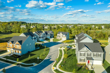 Aerial view of dead end street with residential single family luxury homes in the East Coast USA...
