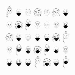 A set of images of a masked person. Epidemic, vector graphics, simple shapes, black and white, emotions