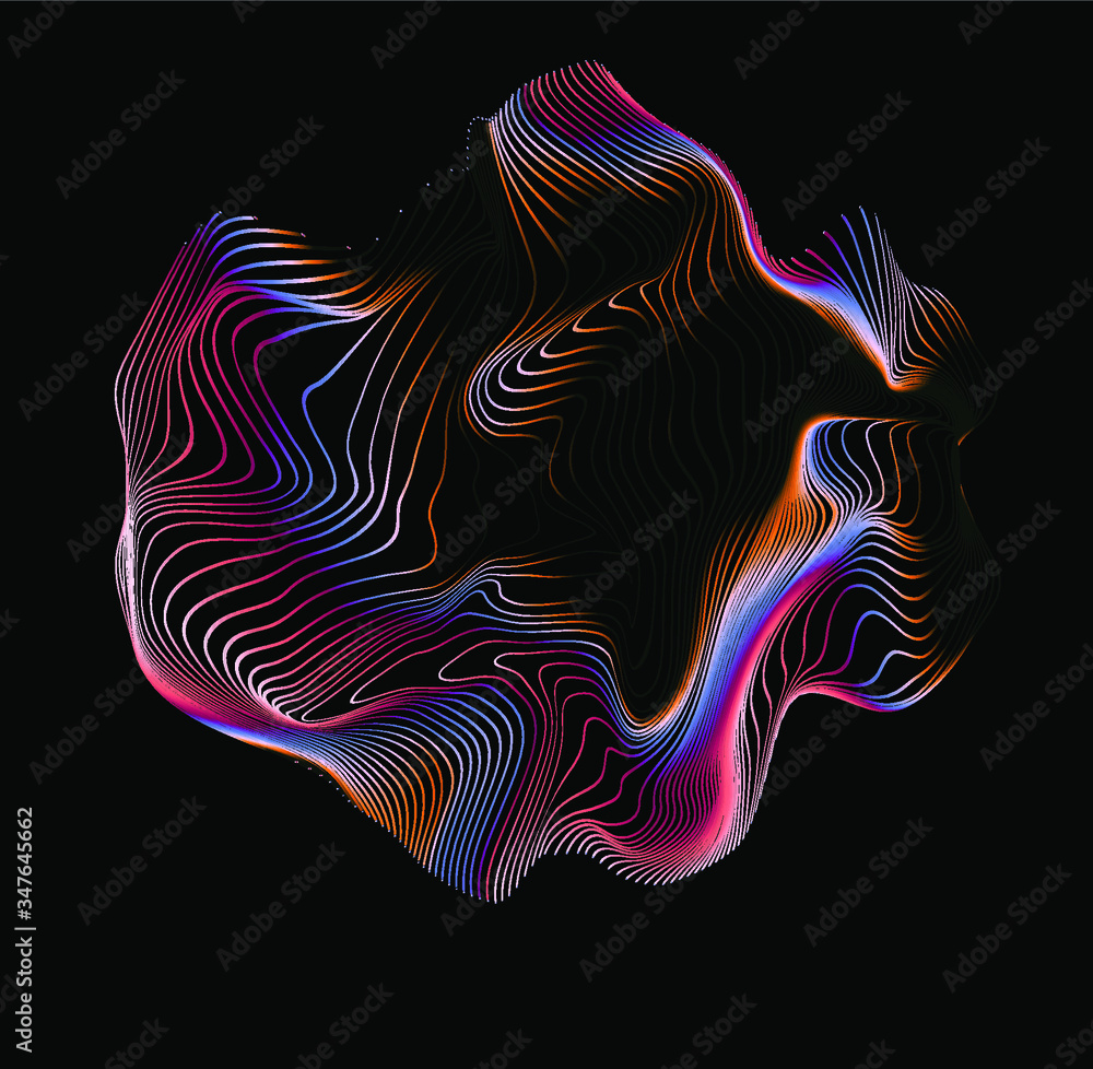 Poster Illuminated holographic circle with glitched texture made by generative algorithm. Retrofuturistic illustration in 80s-90s synthwave and retrowave chromatic spectrum colors.