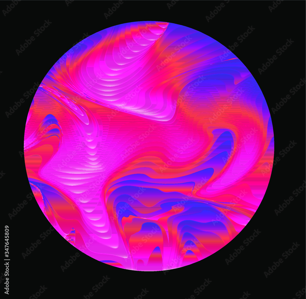 Poster Illuminated holographic circle with glitched texture made by generative algorithm. Retrofuturistic illustration in 80s-90s synthwave and retrowave chromatic spectrum colors.