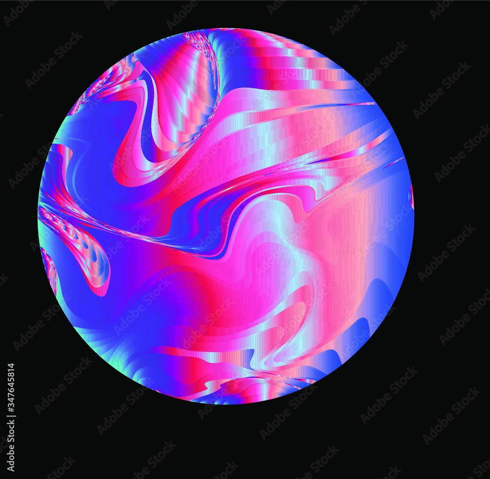 Poster Illuminated holographic circle with glitched texture made by generative algorithm. Retrofuturistic illustration in 80s-90s synthwave and retrowave chromatic spectrum colors.