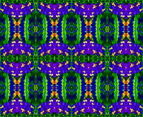 Digital art design, mirrored seamless print, textile, wallpaper, Neon, Purple, green, abstract floral repeat. 