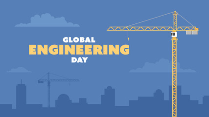 Obraz premium Detailed flat vector illustration of a tower crane and a tall building on a dark blue background. Global Engineering Day. Feel free to use only parts of the illustration too.