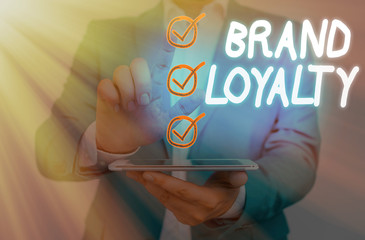Word writing text Brand Loyalty. Business photo showcasing Repeat Purchase Ambassador Patronage...