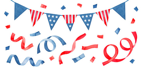 Obraz premium Water color illustration pack with United States flag bunting and red and blue confetti. Hand painted watercolour graphic drawing on white, cut out clipart elements for design, print, card, poster.