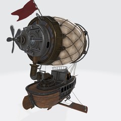 3d illustration of a fantasy airship in steampunk style on isolated white background. 3d computer graphics of a Zeppelin in Steampunk style © adis97