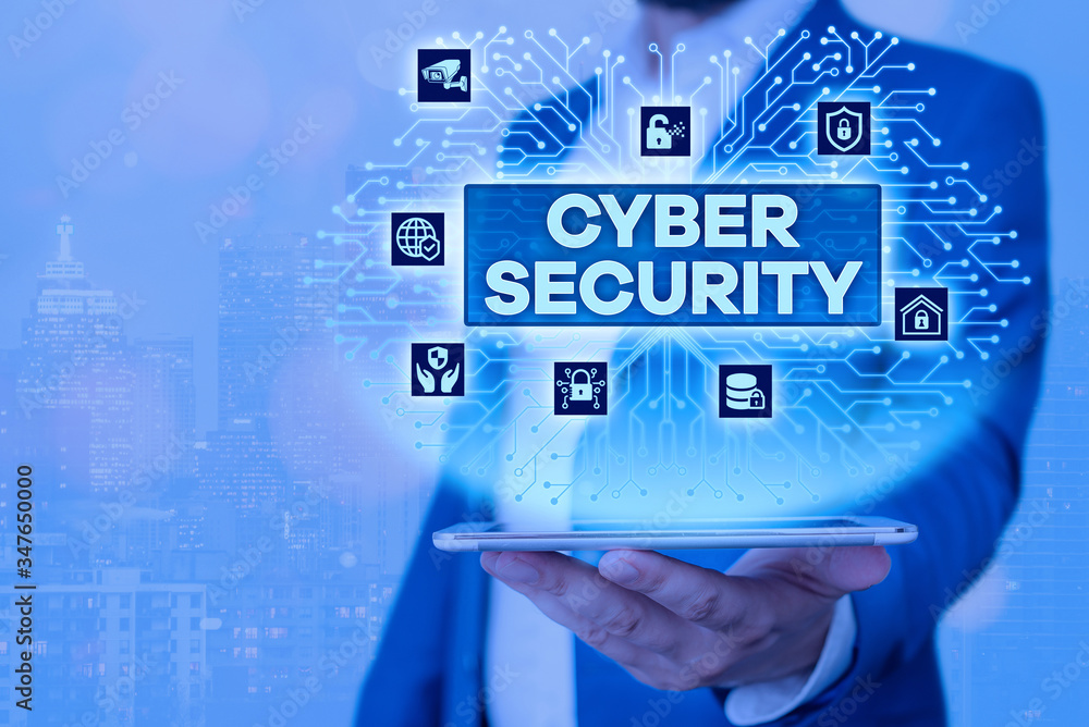 Poster text sign showing cyber security. business photo showcasing protect a computer system against unauth