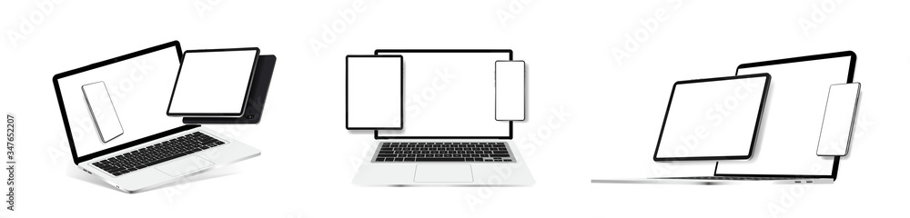 Poster composition blank gadgets (smartphone, notebook, tablet, laptop) in various positions. 3d realistic 