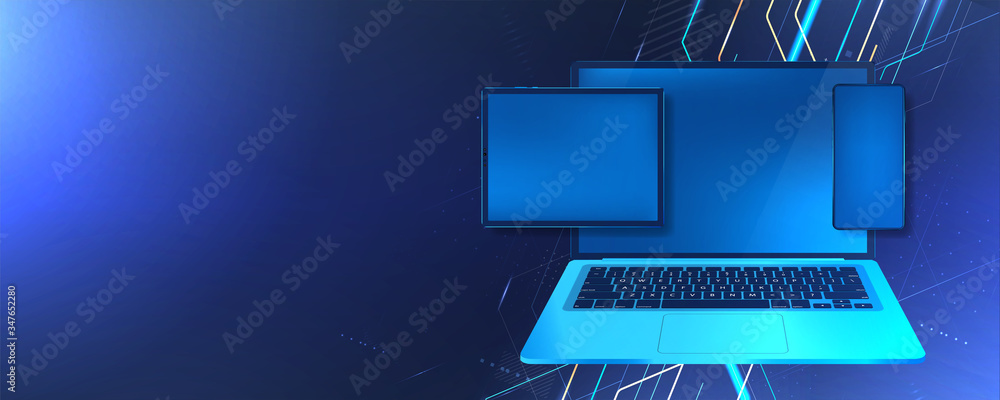 Poster Digital technology concept with futuristic gadgets (Laptop, tablet and smartphone) Porting programs to all devices. Mobile platform and  development of cross-platform software. Vector Mockup gadgets