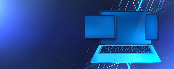 Digital technology concept with futuristic gadgets (Laptop, tablet and smartphone) Porting programs to all devices. Mobile platform and  development of cross-platform software. Vector Mockup gadgets