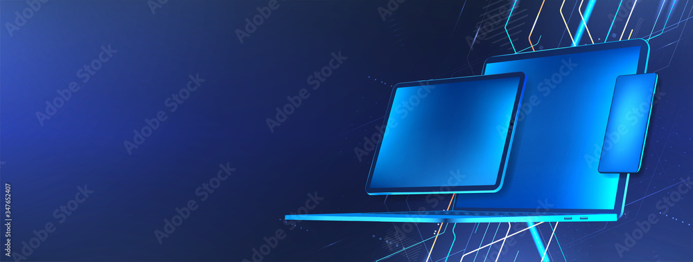 Poster Digital tech concept. Blue gadgets (laptop, tablet and mobile phone). Mockup banner for presentation porting programs and development of cross-platform software. Vector illustration