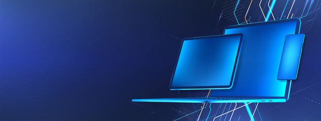 Digital tech concept. Blue gadgets (laptop, tablet and mobile phone). Mockup banner for presentation porting programs and development of cross-platform software. Vector illustration
