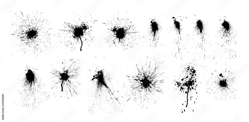 Aufkleber Paint ink splatter, stains set. Splash of paints with drops. High level of tracing and many details. Illustration splash and drip design, silhouette blob spray collection. Vector isolated set