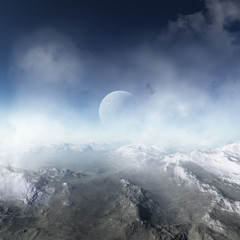 Naklejka na ściany i meble 3d rendered Space Art: Alien Planet in the snow - A Fantasy Winter Landscape