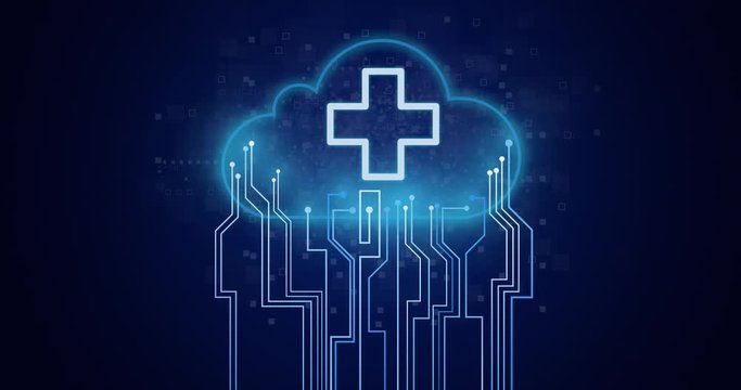 Cloud computing concept: On dark background geometric blue lines are moving towards a cloud with first aid medical cross icon in the centre. The future of online safety and healthcare data.